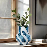 Fusion Abstract 8h" White & Blue Glass Vase