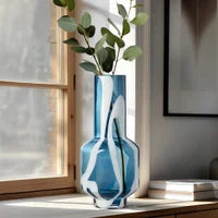 Fusion Abstract 12.5h" White & Blue Glass Vase