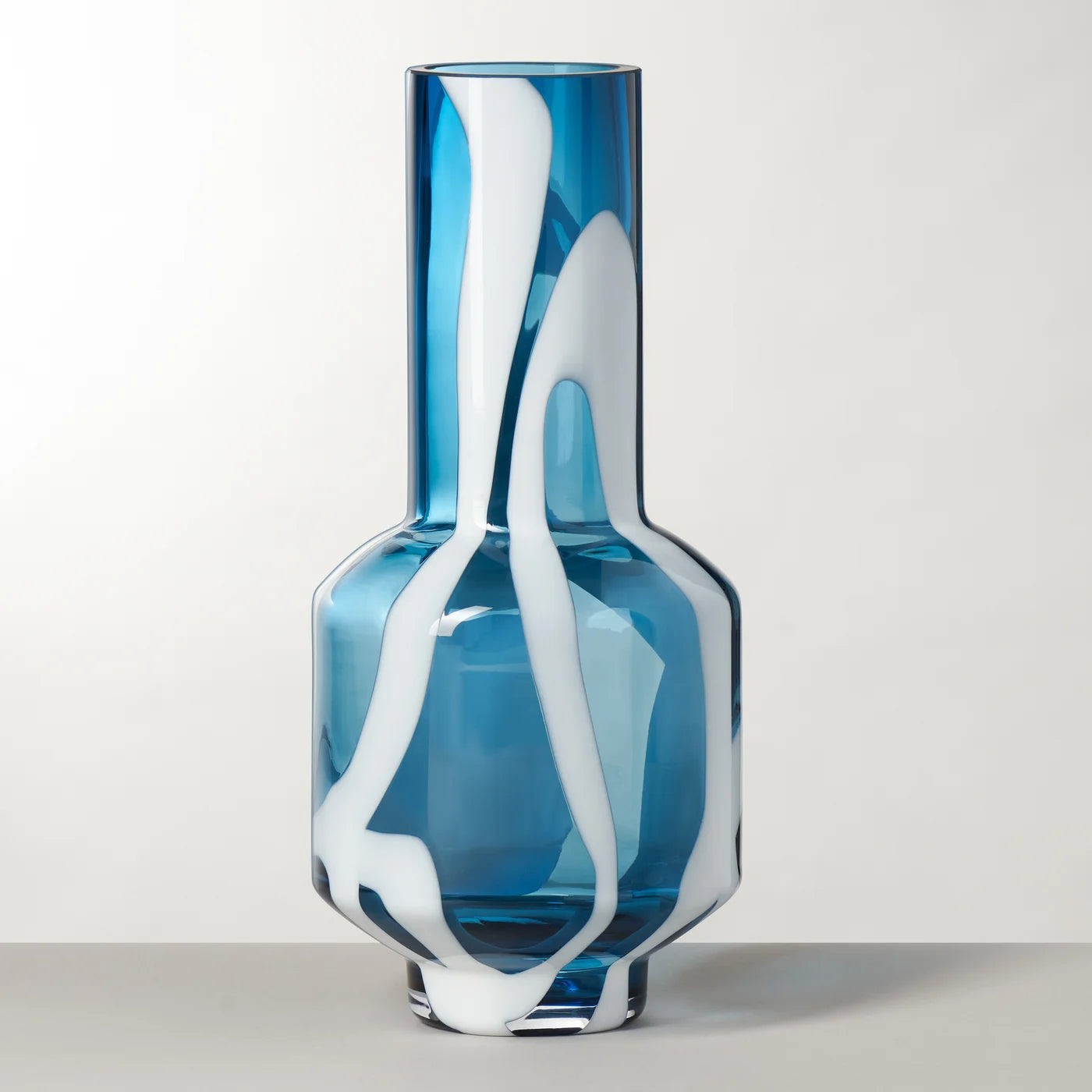 Fusion Abstract 12.5h" White & Blue Glass Vase