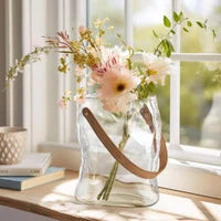 Handbag Clear Glass 9.5h" Vase with Faux Leather Handle