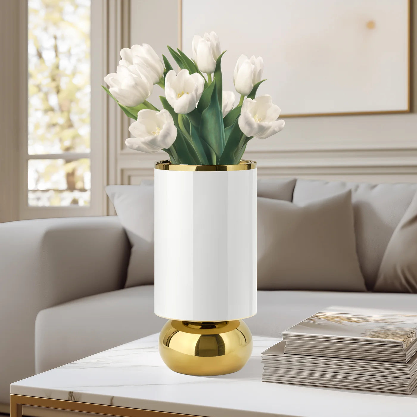 Talia Gold Trim Cylinder Bulb 10 Inch Tall Ceramic Vase