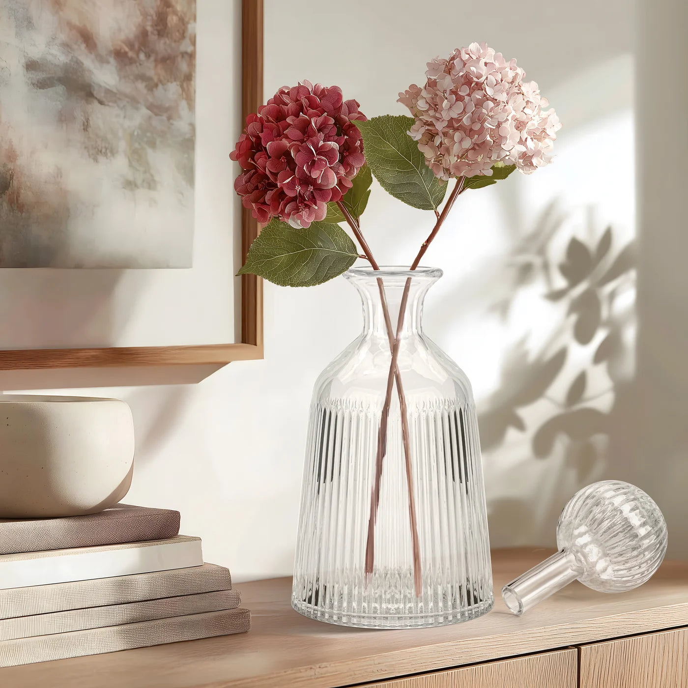 Ribbed 11.5 Inch Tall Glass Bottle Flask Vase with Ball Stopper - Clear