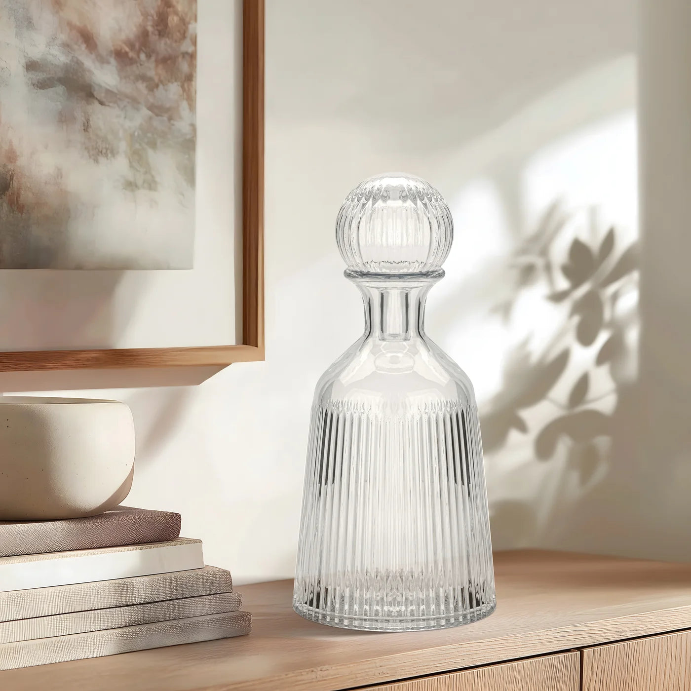 Ribbed 11.5 Inch Tall Glass Bottle Flask Vase with Ball Stopper - Clear