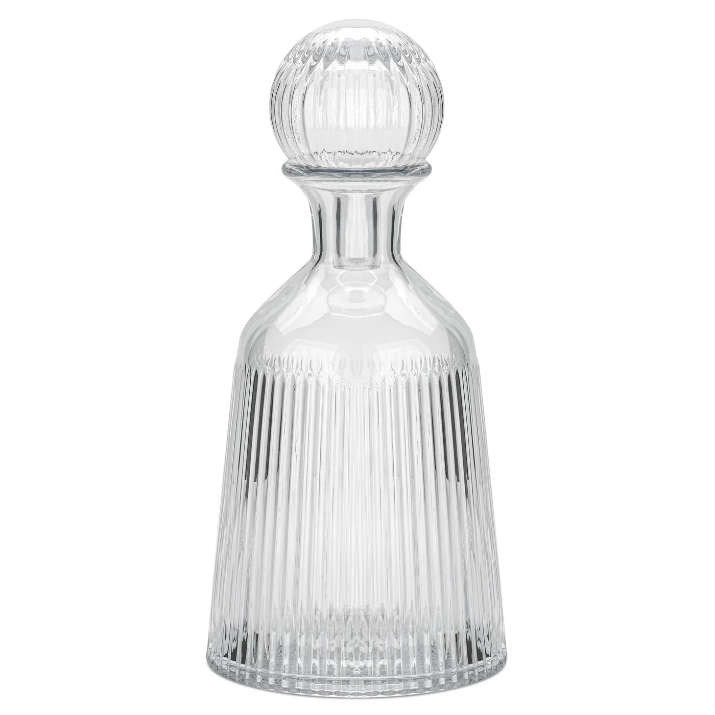 Ribbed 11.5 Inch Tall Glass Bottle Flask Vase with Ball Stopper - Clear