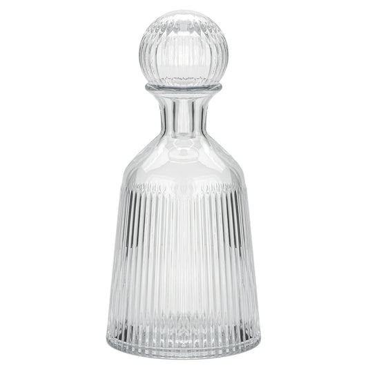 Ribbed 11.5 Inch Tall Glass Bottle Flask Vase with Ball Stopper - Clear