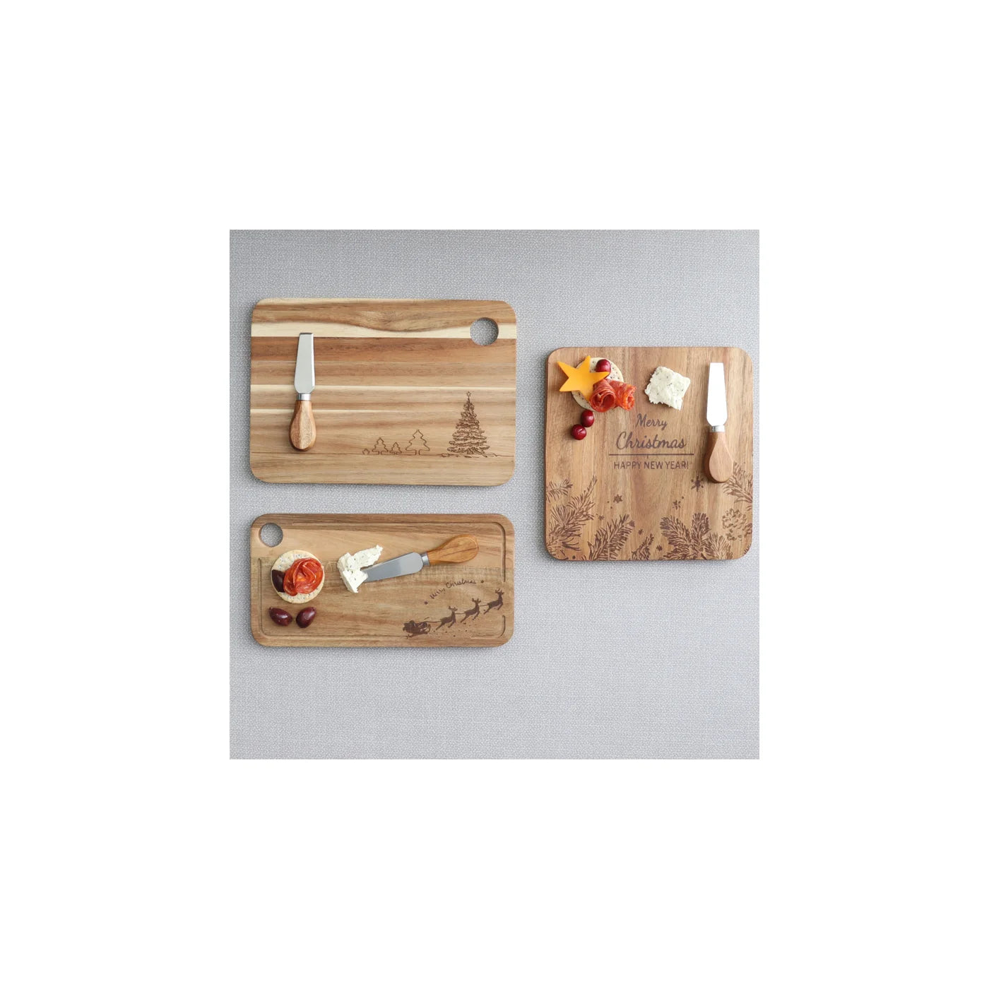 Merry Christmas 2Pc Etch Cheeseboard Set Natural