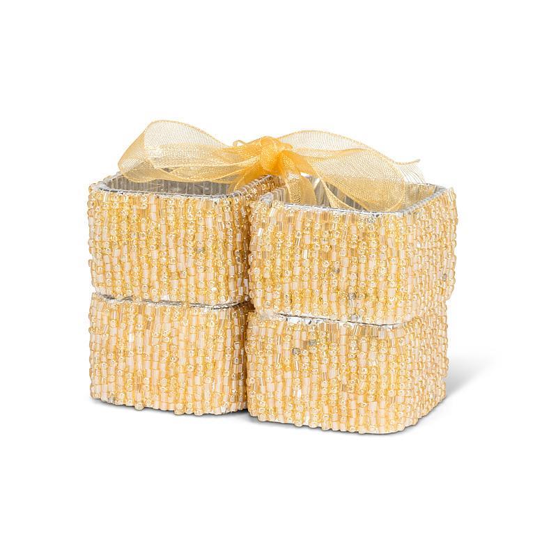 S/4 Sq Beaded Napkin Rings-Gold-1.5"Sq