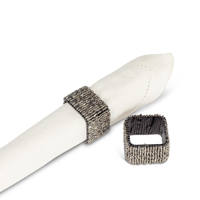 *S/4 Sq Beaded Napkin Rings-Sil-1.5"Sq