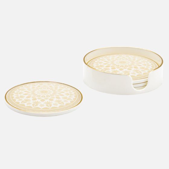 Savoy Gold Trim 4 Piece Round Coaster Set - Leaf Mandala