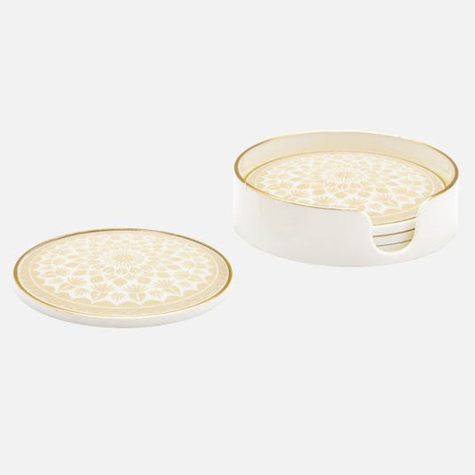 Savoy Gold Trim 4 Piece Round Coaster Set - Leaf Mandala