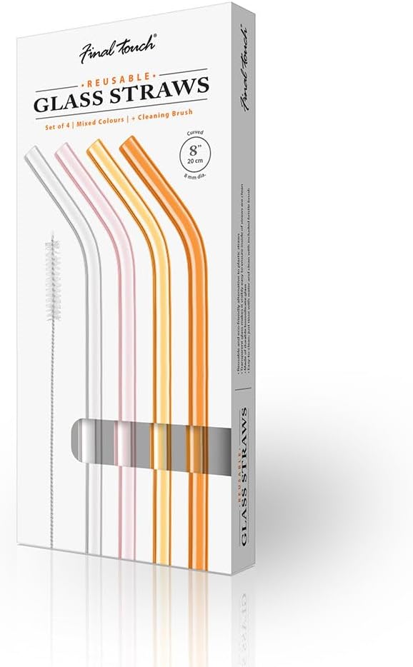 Reusable Glass Straws - Set of 4 - Clear, Pink, Yellow & Orange