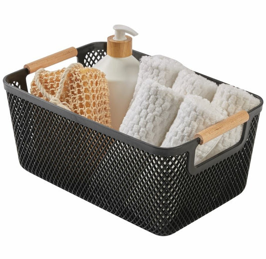 N&T MALLA PP BASKET W/WOODEN HANDLE BLACK MEDIUM