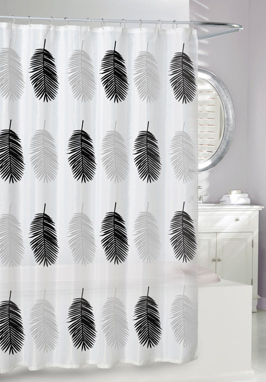 BIG LEAVES PEVA SHOWER CURTAIN FROST GRY/BLK 70" X 72"