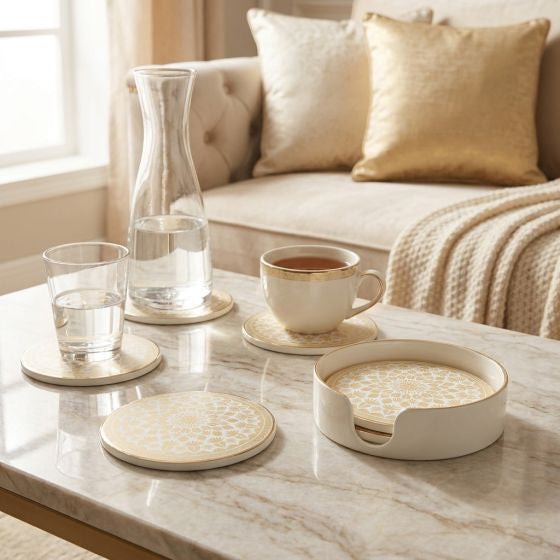 Savoy Gold Trim 4 Piece Round Coaster Set - Leaf Mandala