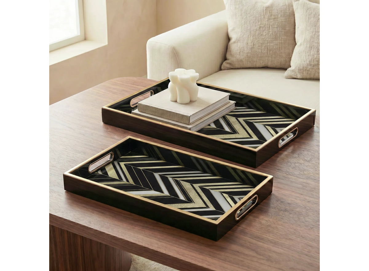 Savoy Gold Trim Rectangle Tray - Herringbone Small