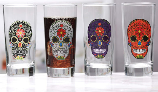 Sugar Skull Hiball Cooler, Set of 4 Heavy Drinking Glass