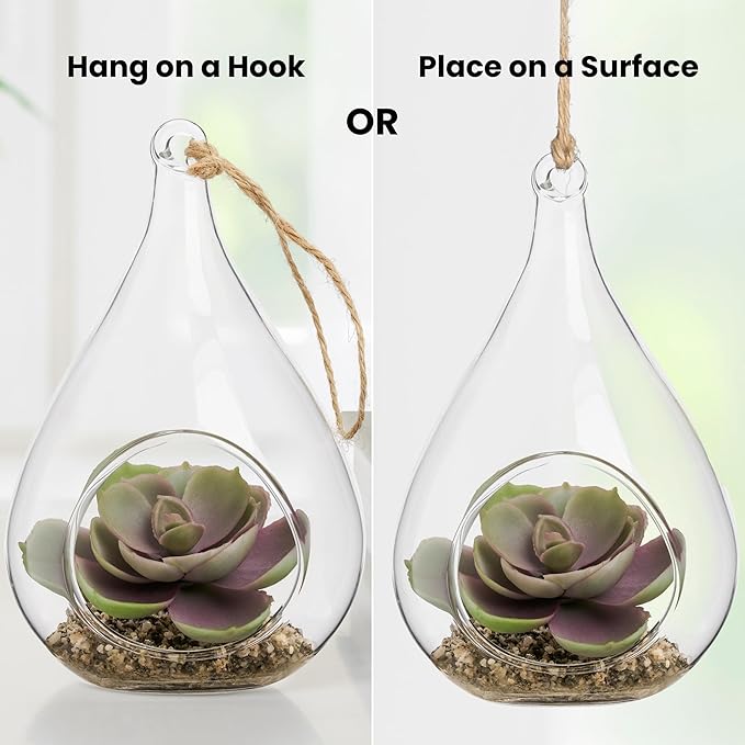Hanging Glass 5h" Teardrop Potted Faux Succulent - Echeveria