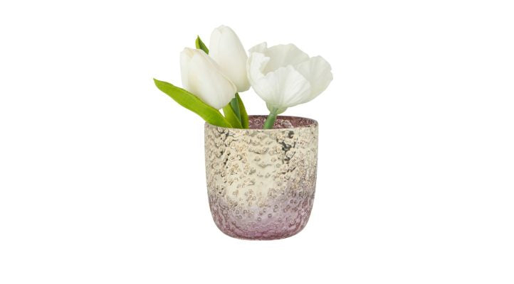 BRIA TEXTURED PINK GLASS METALLIC LUSTRE HURRICANE VASE