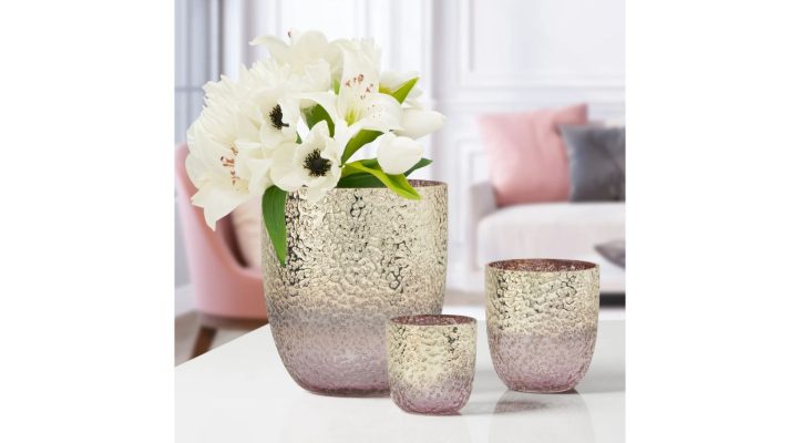 BRIA TEXTURED PINK GLASS METALLIC LUSTRE HURRICANE VASE