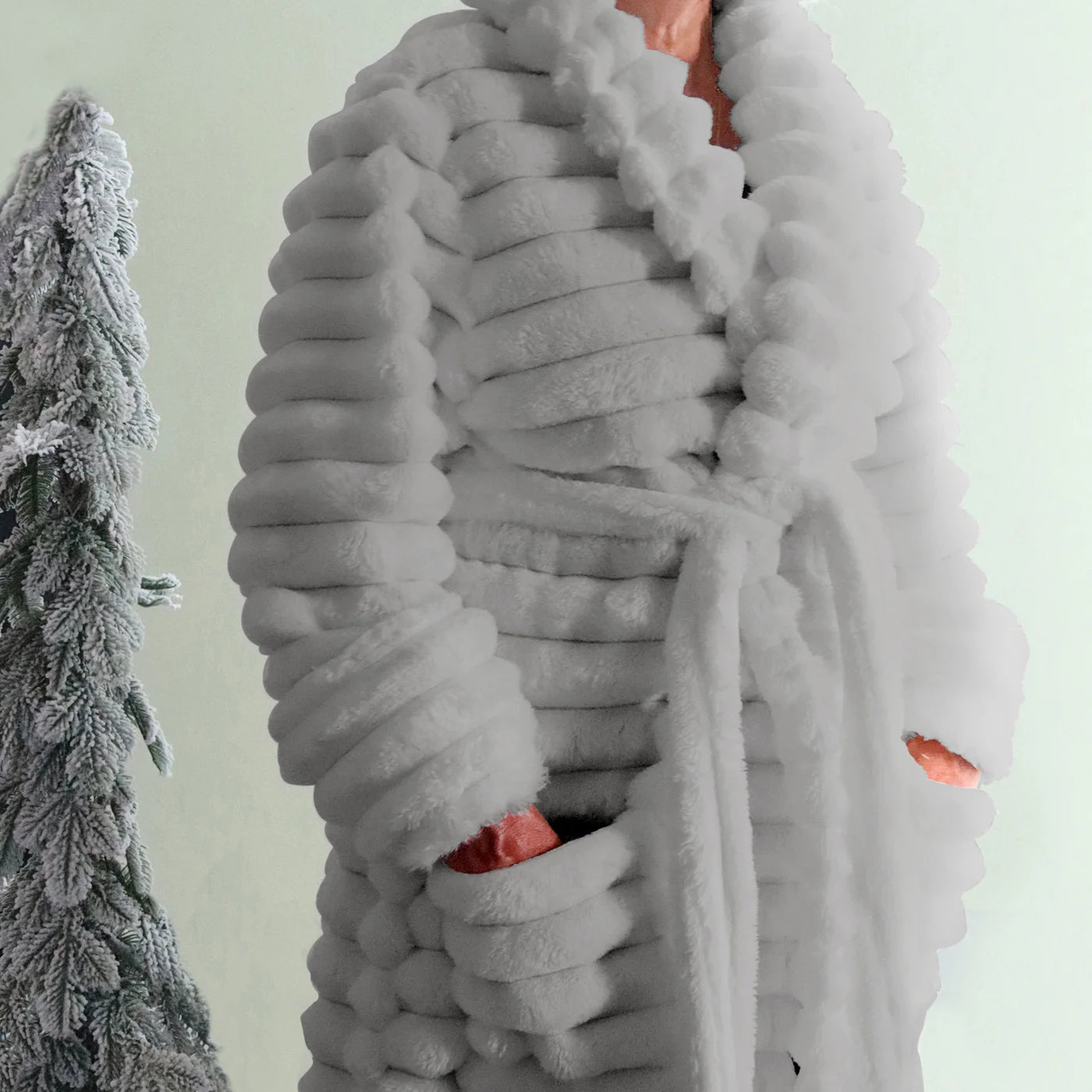 Ribbed Luxe Plush Robe Light Grey