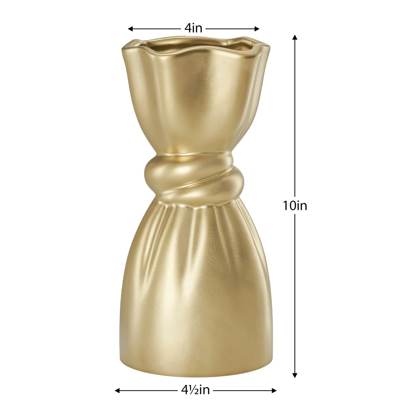 Cinched Knot 10 Inch Tall Matte Gold Ceramic Vase