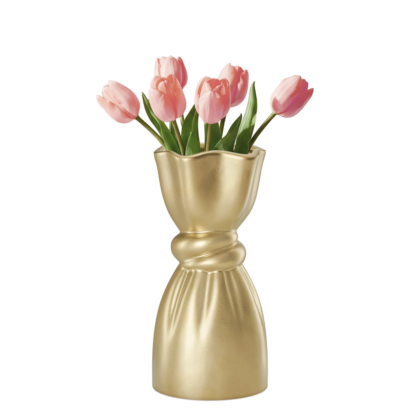 Cinched Knot 10 Inch Tall Matte Gold Ceramic Vase