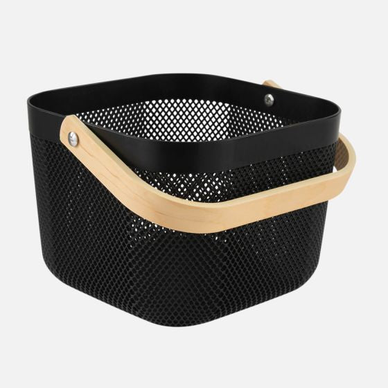 N&T PLEXUS MESH STORAGE BASKET Black W/ WOODEN HANDLE 9L