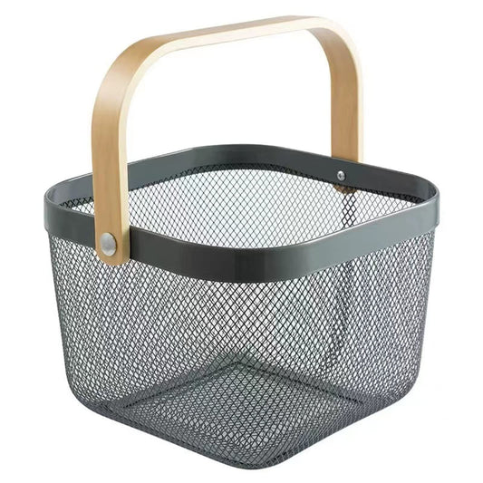 N&T PLEXUS MESH STORAGE BASKET Grey W/ WOODEN HANDLE 9L