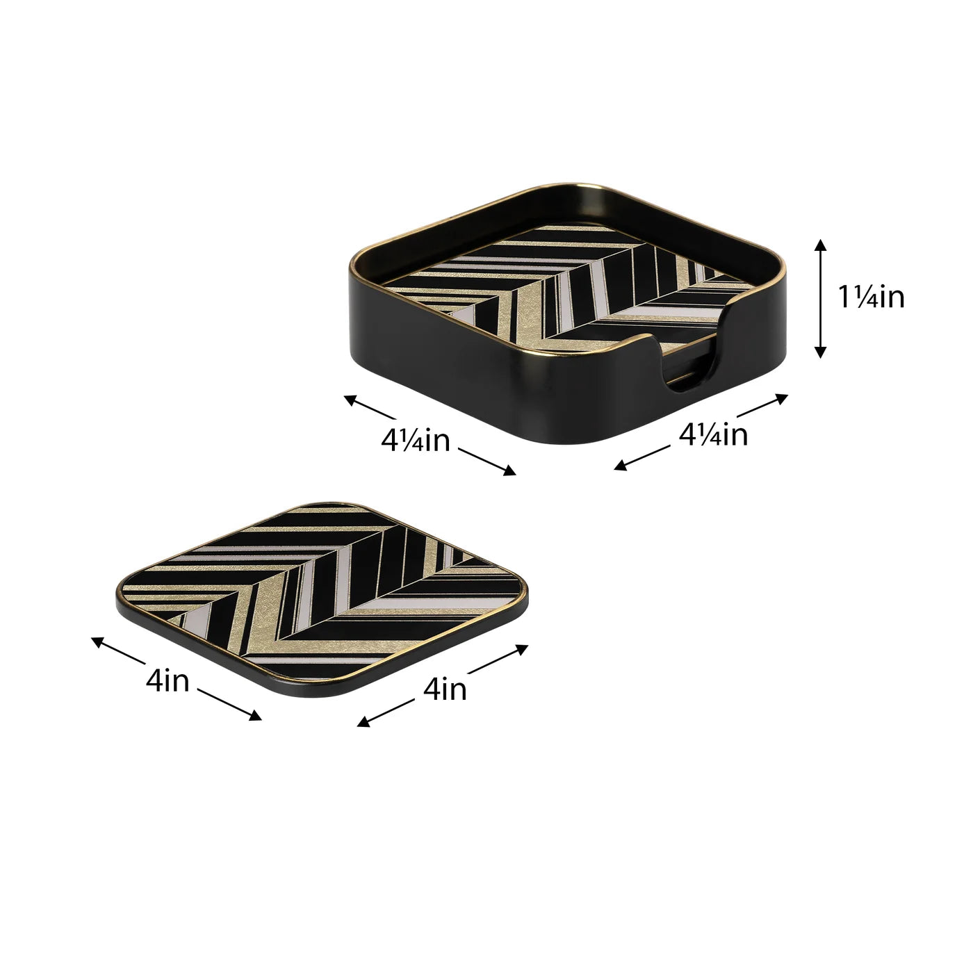 Savoy Gold Trim 4 Piece Square Coaster Set - Herringbone