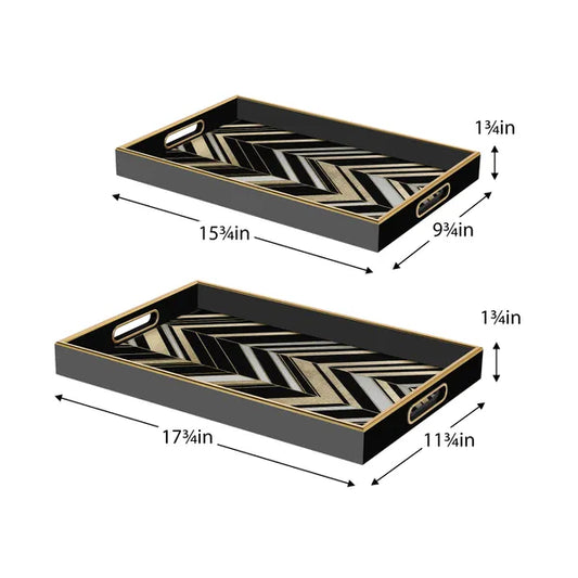 Savoy Gold Trim 2 Piece Rectangle Tray Set - Herringbone