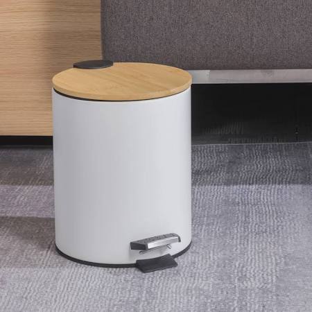 White Round Metal Trash Can with Bamboo lid