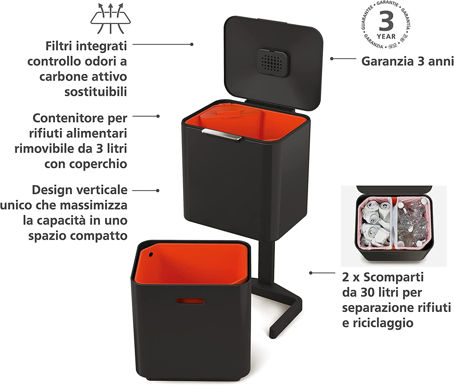 Totem Max 60L Recycling Bin CARBON BLACK